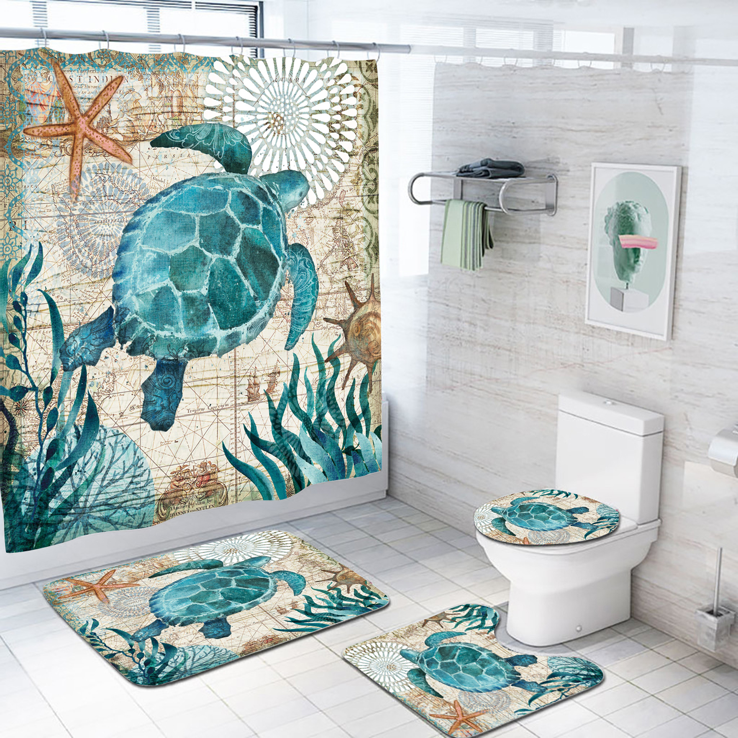 modern Custom Design Printed luxury complete bathroom shower curtain with hooks and custom rug