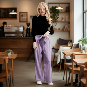 J783 Pantaloni Larghi da Donna in Raso a Vita Alta, Vestibilità Ampia, Lunghezza Intera, Tinta Unita, con Cintura e Coulisse, Casual, Autunnali - Product Image 2