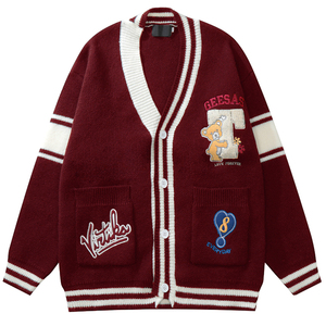 Custom Oem V Neck College Sweateer Embroidery Letter Cartoon Patches Knitted Knitwear Unisex <strong>Varsity</strong> Sweater Letterman <strong>Cardigan</strong> - Product Image 3