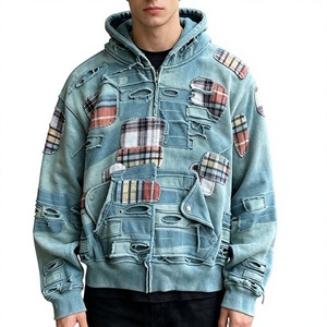 Veste en jean à capuche surdimensionnée pour homme, design patchwork à carreaux, streetwear, coupe classique, respirante, style automne - Product Image 1