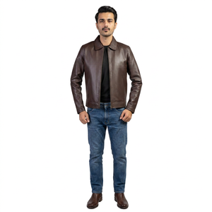 Chaqueta bomber clásica para motociclistas de primera calidad con cuello polo genuino para hombre - Product Image 1
