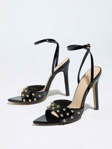 Escarpins noirs à bout ouvert avec bride cheville et clous dorés – Chaussures d'été tendance à talons aiguilles - Product Image 5