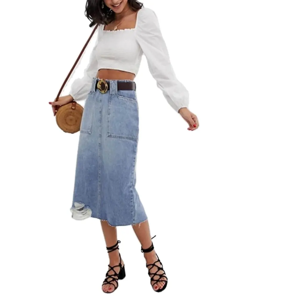 Wholesale high waist ripped pencil bodycon denim skirt distressed blue washed back zip and split long midi women's skirts