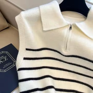 Suéter sin mangas para <span class=keywords><strong>mujer</strong></span> y <span class=keywords><strong>chaleco</strong></span> de punto a rayas con cremallera y cuello retro, estilo casual minimalista para uso diario. - Product Image 4