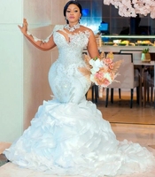 Personnalisé 2025 arabe blanc sirène robes de mariée avec train détachable perlé Illusion à manches longues grande taille robes de mariée