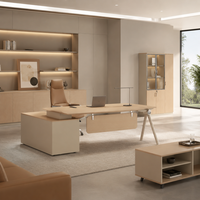 Bureau de direction en L en bois grainé avec armoire latérale rabattable pour projets et commandes