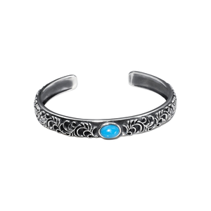 Tide Brand Retro Simple Old Pattern Pulsera Azul Turquesa Brazalete abierto para hombres Mujeres Parejas Moda Thai Silver Tang Grass - Product Image 3