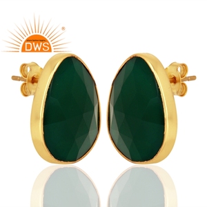 Classic Green <b>Onyx</b> Gemstone Stud <b>Earring</b> Wholesale Yellow Gold Plated Silver Stud <b>Earring</b> Women Gemstone Jewelry Supplier - Product Image 2