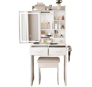 Petit coiffeuse moderne avec miroir LED réglable, prises de courant intégrées, rangements, tabouret, tiroirs et étagères pour chambre à coucher - Product Image 1