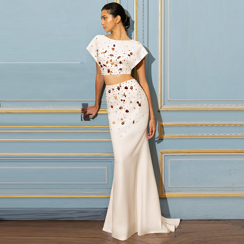 Dress White Formal Crop Top SERA Two Piece Wedding Dress Boho Lace Chiffon Bridal  Set