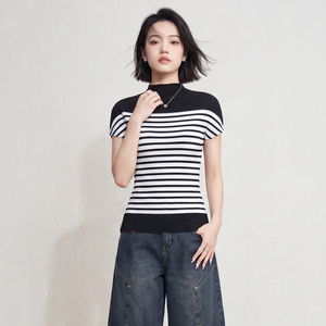 Blusa Casual Estiva 2026 da <span class=keywords><strong>Donna</strong></span> Miyake Eco-Friendly a Maniche Corte, Plissettata, Elastica, Compressa, Traspirante, a Righe, con Collo Alto - Product Image 3
