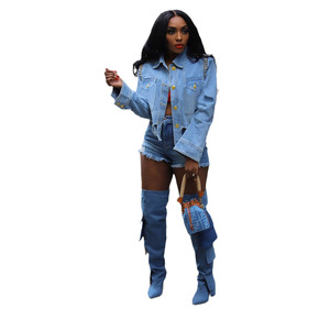 Mujeres Drill Nails Tattered Irregular Shirt Collar Chaqueta <span class=keywords><strong>de</strong></span> mezclilla <span class=keywords><strong>de</strong></span> manga larga - Product Image 1