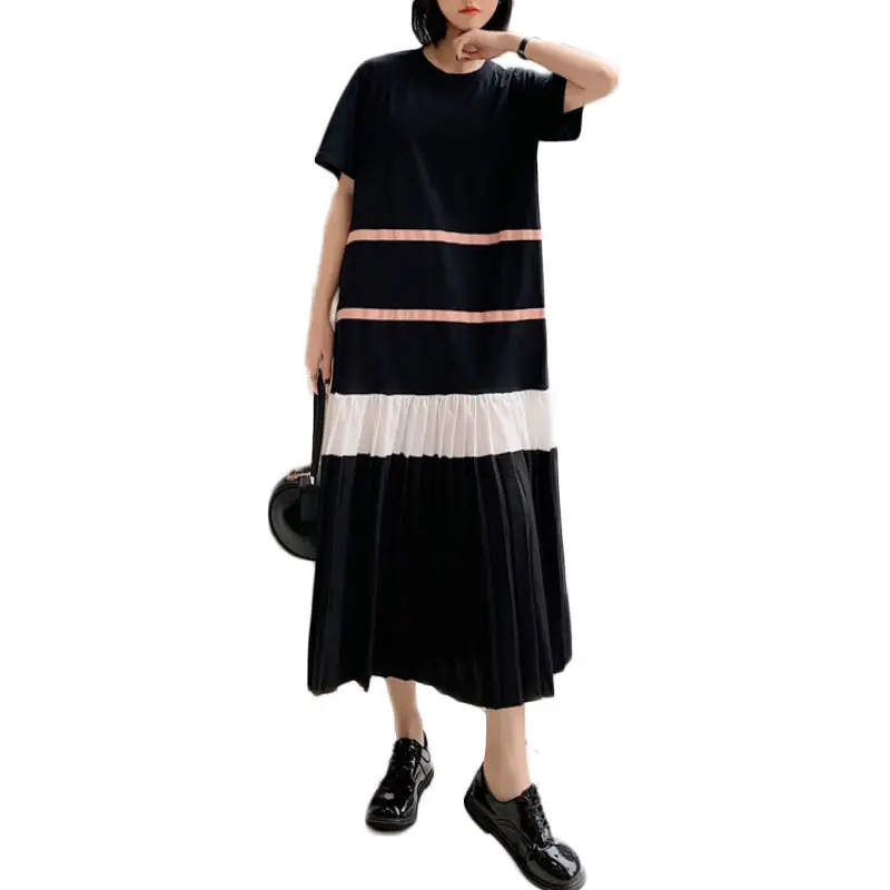 Tendenza stile coreano estate maxi t shirt abiti donna pieghettato oversize manica corta in cotone casual abito lungo