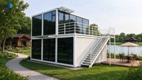 Maison conteneur préfabriquée moderne à deux étages en panneaux sandwich de verre, bureau modulaire préassemblé autonome avec escalier, balcon et villa