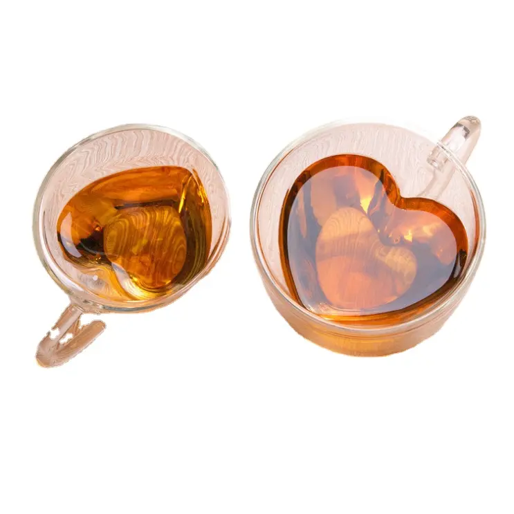 Taza en forma de corazón con doble pared, vaso de agua de vidrio de borosilicato, con mango, 180, 240ml