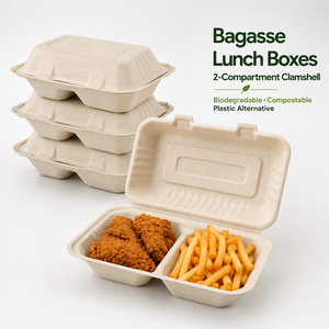 2 Compartment Bagasse Clamshell Food <b>Container</b> Biodegradable Sugarcane Fiber <b>Takeaway</b> Lunch Box Eco Friendly Packaging - Product Image 1