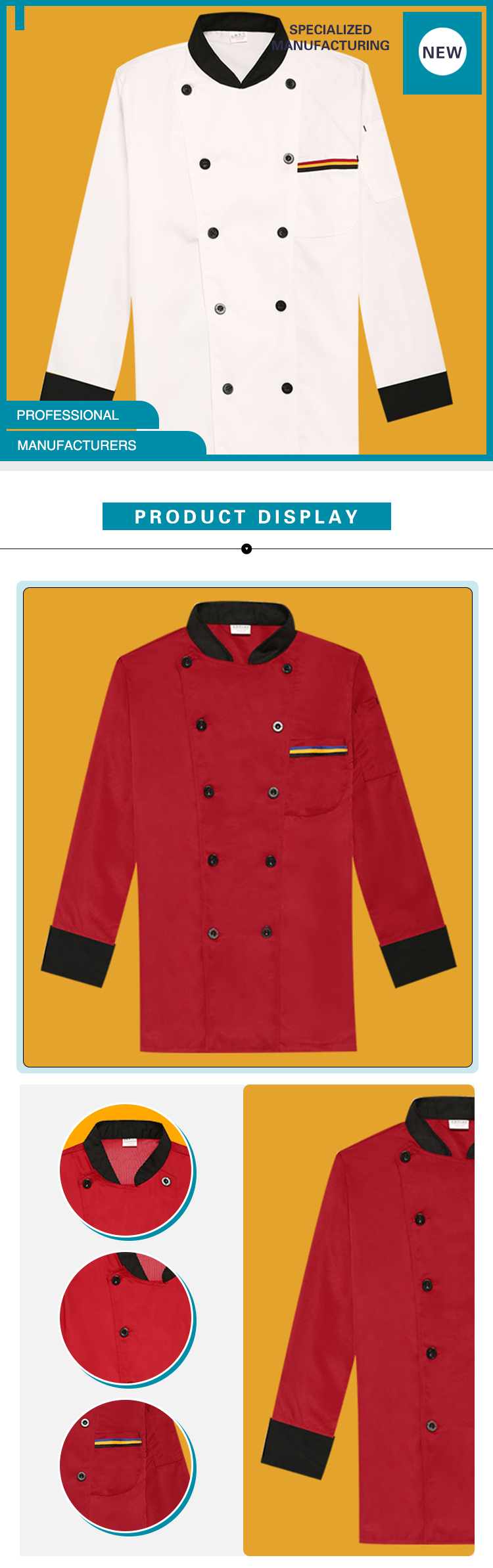 Long Sleeve Restaurant Canteen Kitchen Cooker Chef Uniform Jackets for Women Men Hotel Top Uniform at Wholesale Price