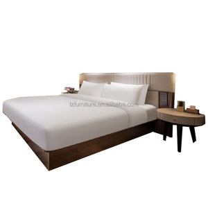 Contemporary Minimalist Hotel Bed with Integrated <b>Headboard</b> Solid Wood Frame & Nightstands for3 Star Boutique Hotel Project - Product Image 2