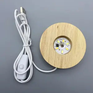 USB Round Lighted Base Table Lamp Centerpieces for Crystal Glass Resin Art 6 8 10cm Wooden LED Light Base For Bedside Lamp