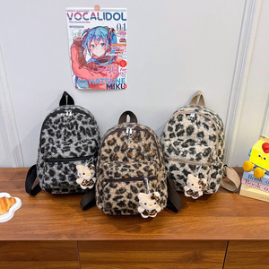 Fashionable and Versatile <b>Leopard</b> Print Plush <b>Backpack</b> Large Capacity New 2025 Lightweight Casual Bag Middle School Student Bag - Product Image 1
