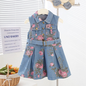 Vestito Estivo in Denim Senza Maniche per Bambine, Gonna in Denim con Stampa Floreale, Outfit Alla Moda per Ragazze - Product Image 4