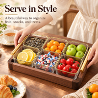 Ensemble de bols de service en noyer et verre avec 6 bols à bord doré et poignées pour bonbons, noix, fruits, apéritifs, décoration de table pour fêtes à domicile