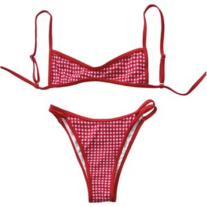 Conjunto de Bikini de Dos Piezas con Tiras Cruzadas y Estampado a Cuadros para Mujer, Traje de Baño de Corte Alto con Lazos en la Espalda, Ribete en Contraste, Elástico, Spandex, Nailon - Product Image 4