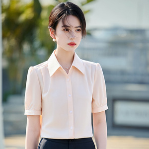 White Short Sleeve Shirt Women Solid Color Polyester Poplin Office Blouse Button Front Professional Wear - Product Image 3