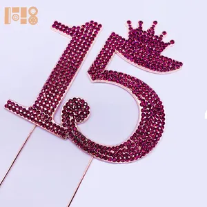 Kristal gül altın tatlı 15 kek Topper | On altı Happy15th doğum günü Rhinestone Monogram numarası parti Favor dekorasyon