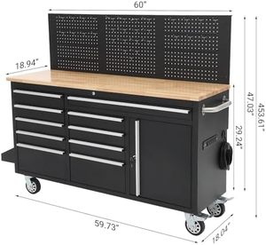JINFENG 8-Drawer Rolling <strong>Tool</strong> <strong>Cabinet</strong> Adjustable Height Power Strip Solid Rubber Wood Top 1675 LBS Load Capacity Padlockable - Product Image 2