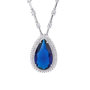 High Quality Eco-friendly <b>Copper</b> Shiny Wedding Jewelry 15*25mm Paraiba Blue Zircon Water Drop Bridal Trendy Gem Pendant Necklace - Product Image 1