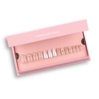 Autocollants 3D pour ongles en forme de fleur rose plaquée argent avec perles lumineuses, ongles courts en forme d'amande, lot de 30 pièces, vente en gros, ongles à presser