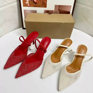 Fashionable <b>Closed</b>-<b>Toe</b> Women's High Heel <b>Sandals</b> Mesh+PU with Artificial Pearls, Pointed Stiletto Heel for Western Style - Product Image 1