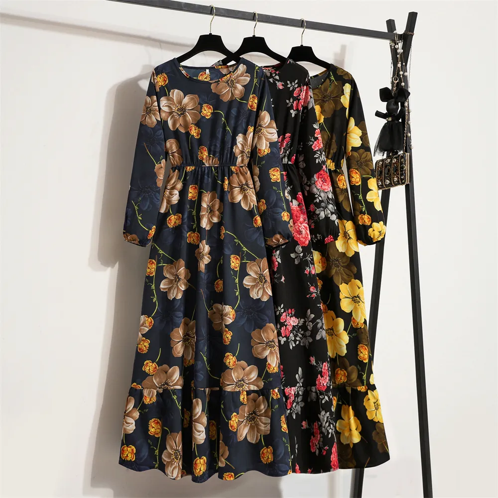 Dropshipping Spring Summer Fashion Floral Printed Full Sleeve O-neck Casual Dress Women Bohe Party Long Dress Maxi Dresses