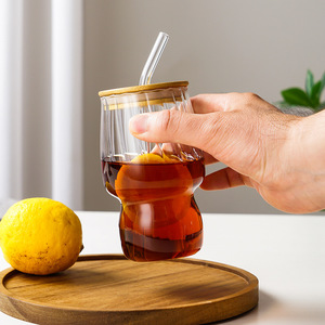 Amber Gold Waved Shape Design Ribbed Drinking Glass Iced Straw Tea Beer Boba Soda Can Tumbler Cup Coffee Cups with Lid and Straw - Product Image 3