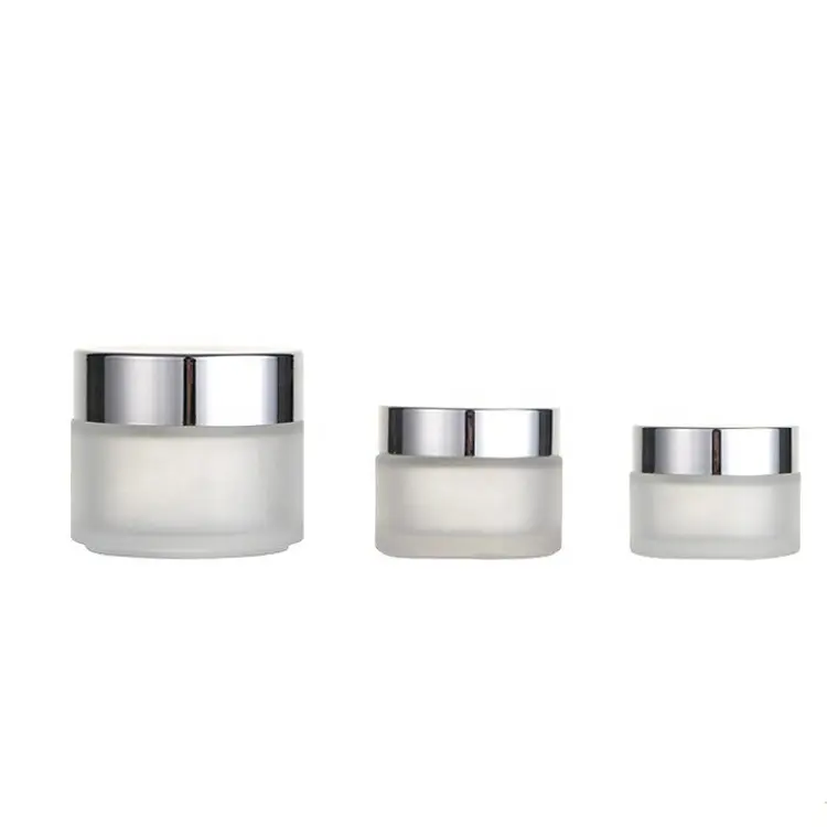 En stock emballage contenants cosmétiques vides crème de nuit pour le visage clair givré 30ml 1oz pot en verre mat pour les soins de la peau avec couvercle argenté