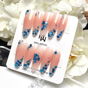 Venta al por Mayor de 10 <span class=keywords><strong>Uñas</strong></span> Acrílicas Largas con Forma de Almendra, Color <span class=keywords><strong>Rosa</strong></span> Nude Brillante con Puntas Plateadas <span class=keywords><strong>y</strong></span> Azules, <span class=keywords><strong>Uñas</strong></span> Postizas Reutilizables - Product Image 5