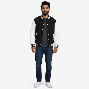 <b>White</b> Canvas Quilted Varsity <b>Jacket</b> Stand Collar Front Logo Black Windproof Breathable <b>Men</b> Streetwear - Product Image 1