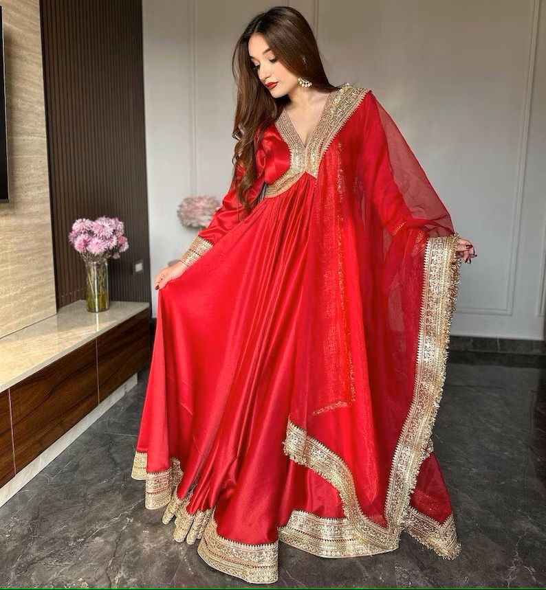 Heavy Beautiful Designer Red Long Flared Anarkali Gown