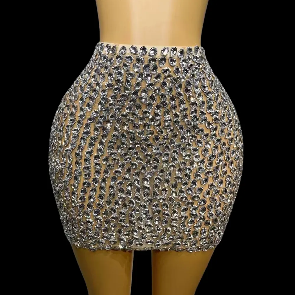 Faldas Cortas Boutique Durchsichtige kurze Kristall röcke Damen Plus Size Sexy Hip Wrapped Kleid Frauen Bodycon Strass Röcke