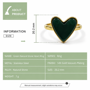 <b>Green</b> Natural Stone Heart <b>Ring</b> Stainless Steel 14K Gold Vacuum Plated Adjustable Statement <b>Ring</b> - Product Image 4