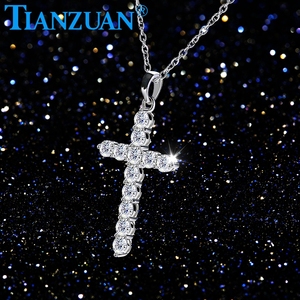 Collar de Plata S925 con <span class=keywords><strong>Colgante</strong></span> de Cruz de Moissanita de 3mm, Joyería Redonda <span class=keywords><strong>Blanca</strong></span> D VVS, Regalo para Compromiso, Boda o Cita - Product Image 1