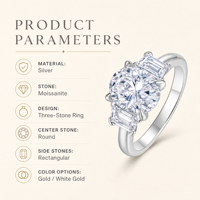 Bague en Moissanite Argentée, Coupe Ovale Centrale, Accents Rectangulaires, Sertissage à Trois Pierres, pour Fiançailles, Mariage, Cadeau pour Femme