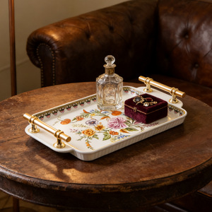 Plateau de service rectangulaire vintage en céramique avec poignées en alliage pour le dropshipping Shopify – Plateau à thé et fruits, décoration intérieure - Product Image 3