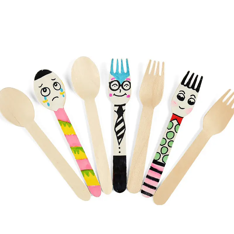 DIY Small Wooden Spoon Fork Knives Creative Children Disposable Tableware Handmade DIY Wood Cutlery Set