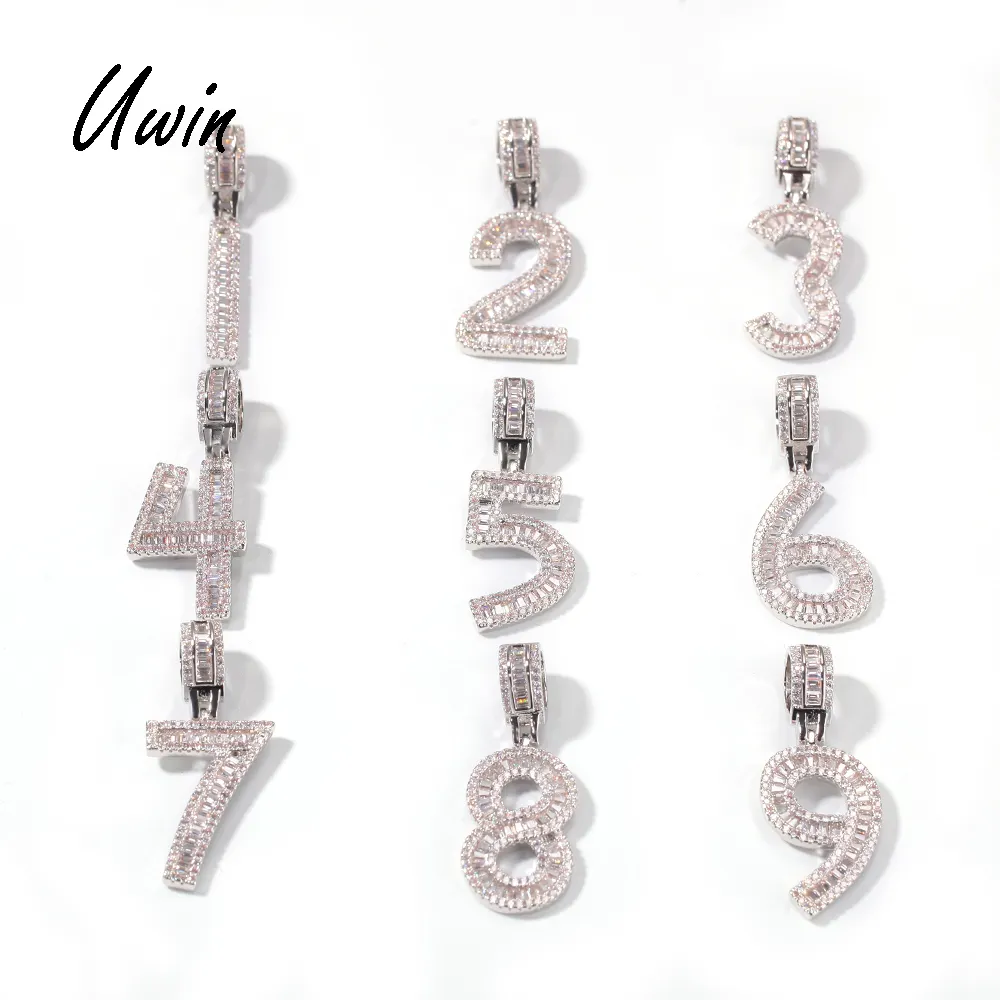 Iced Out Baguette Numero Pendente 0 1 2 3 4 5 6 7 8 9 Numero di Fascino Del Pendente Della Collana Dei Monili