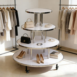 Carrito <span class=keywords><strong>de</strong></span> Exhibición Redondo <span class=keywords><strong>de</strong></span> 4 Niveles Personalizado <span class=keywords><strong>de</strong></span> Fábrica con Ruedas, Estantes <span class=keywords><strong>de</strong></span> Metal, Acero Inoxidable y Madera para Tiendas Minoristas, Envío Global - Product Image 2