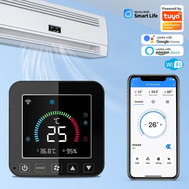 Smart WiFi Thermostat Air Conditioner IR Temperature Humidity Infrared Controller USB Power LCD Touch Screen Google Home Alexa