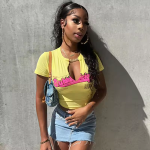 Fashion Short Sleeve Streetwear Sexy Hot Girls Crop <strong>Tops</strong> T Shirts Tees <strong>Women</strong> Summer Letter Printed <strong>Yellow</strong> Casual <strong>Tops</strong> - Product Image 2