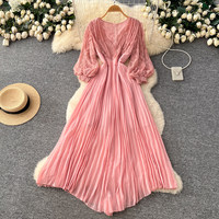 Robe longue plissée élégante pour femme WIWT, col en V, manches longues en dentelle, coupe trapèze, décontractée, pour soirée ou usage quotidien